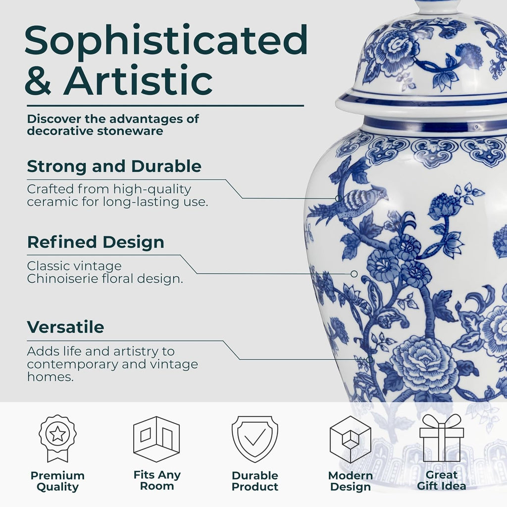Decorative Ginger Jar Decor - Ceramic Jar With Lid, Chinoiserie Pattern, Large Tabletop Accent or Entry Shelf