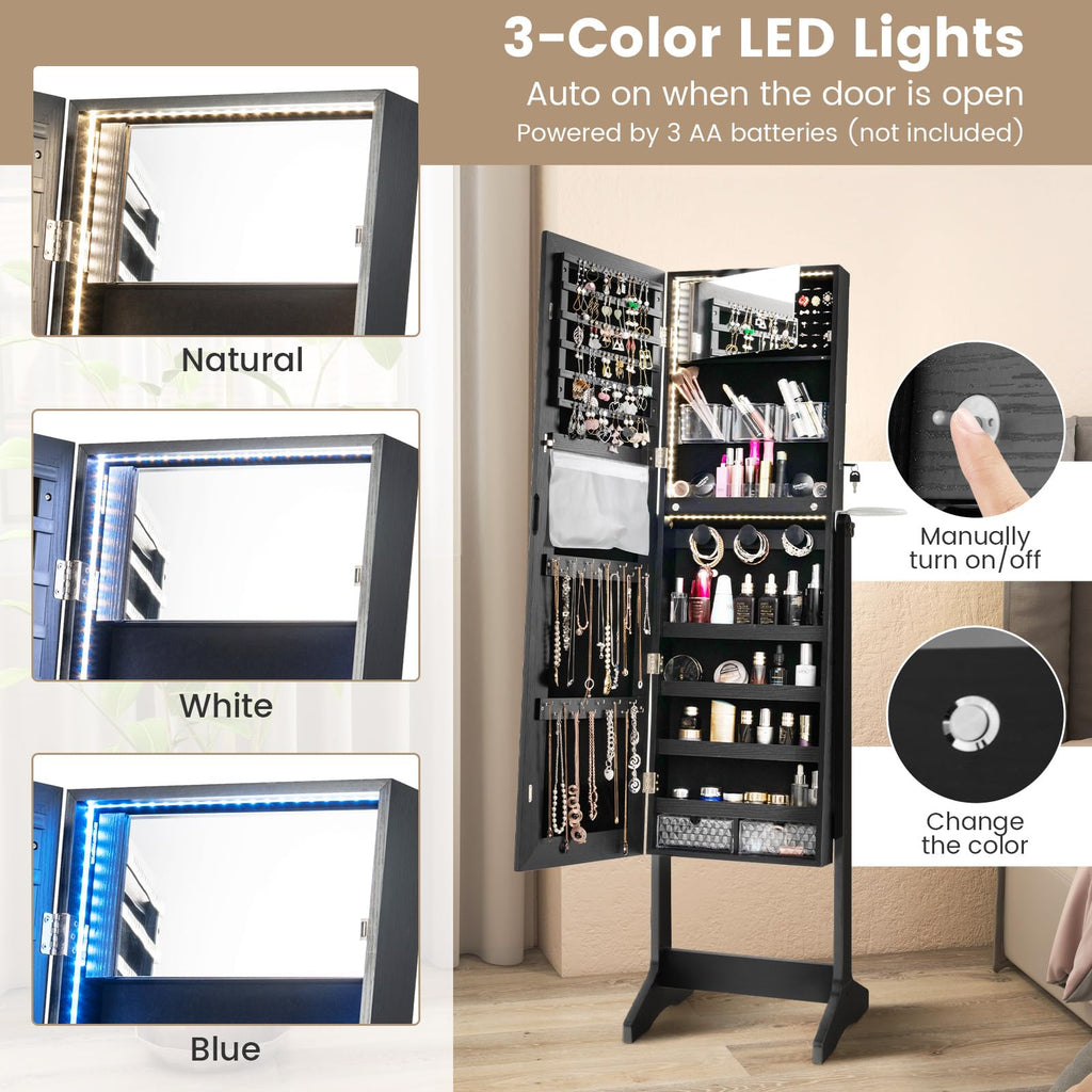 Jewelry Cabinet Armoire with Full Length Mirror, Flip-open Vanity Mirror, 3 Color LED Lights, Hair Dryer Holder