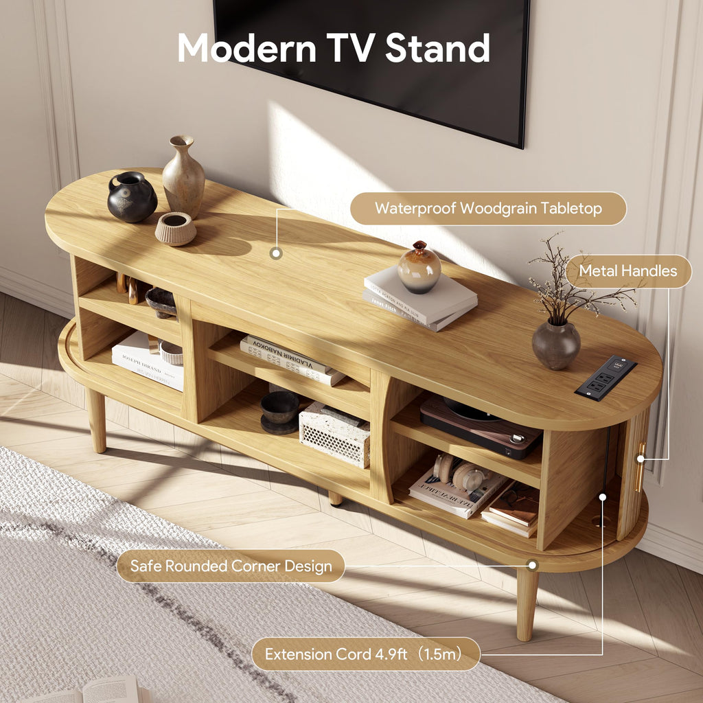 Mid Century TV Stand for TVs up to 65 Inches, Entertainment Center with Storage, Power Outlet, Fluted Sliding Doors &