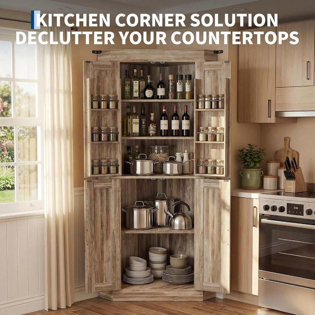 Farmhouse 71"Tall Corner Bar Cabinet,Heavy Duty Corner Kitchen Pantry Cabinet with 4 Doors&Shelves,Freestanding L