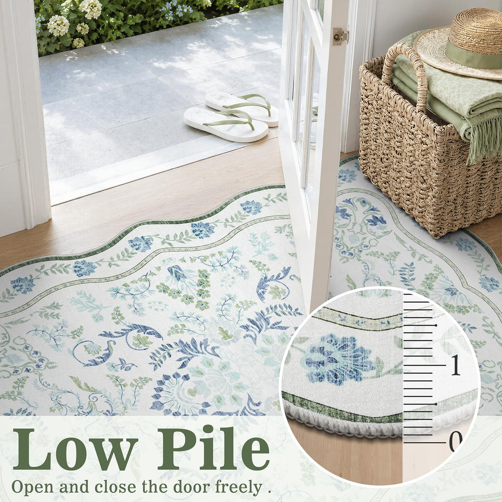 Blue and Green 2x6 Runner Rug, Washable Botanical Scalloped Rug