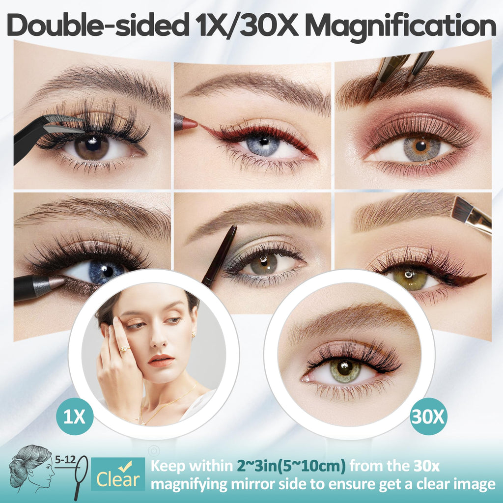 Magnifying Mirror with Light 30X, Double-Sided 1X/ 30X Magnifying Makeup Mirror with Tweezer, 2000mAh 3 Colour Modes