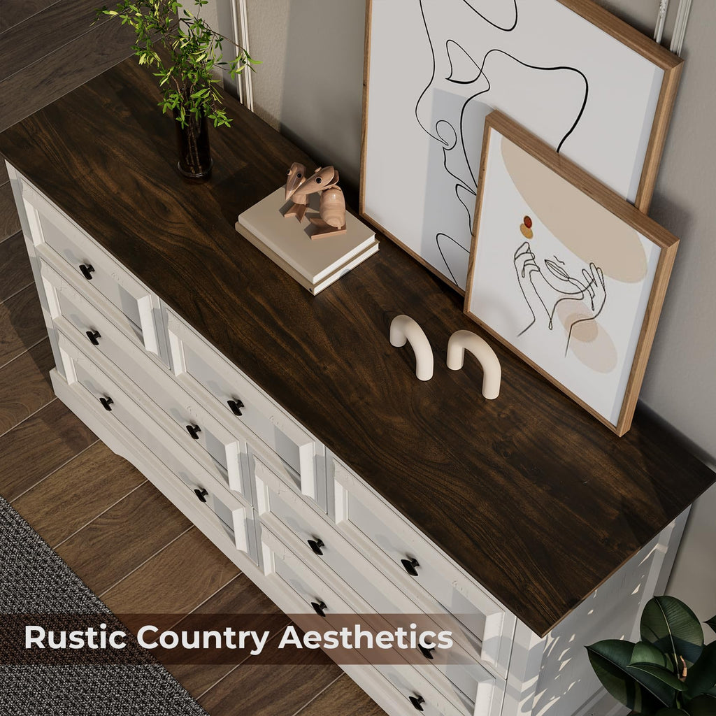 Farmhouse 7 Drawer, 54" Wide Wooden with Natural Texture & Vintage Metal Knobs, Large Chest of Drawers, Antique