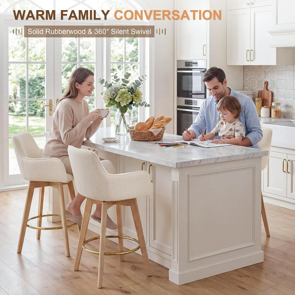 Modern 26" Bar Stools Counter Height Set of 2, Swivel Kitchen Island Tall Chairs with Back, Arm, Footrest and Solid