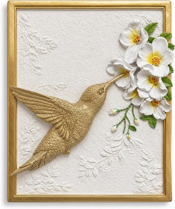 Framed 3D Hummingbird Wall Decor - Vintage Gold Animal Wall Sculpture, Wall Art Decor, Entryway, Elegant Animal Head