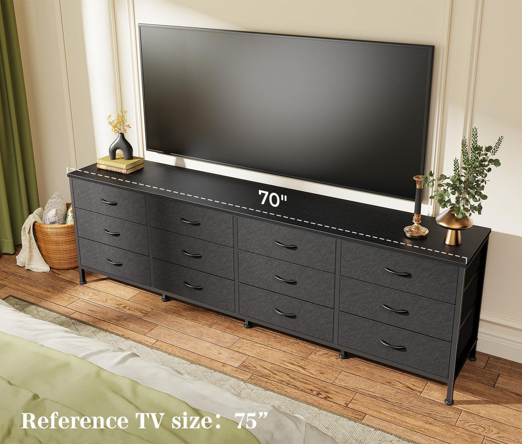 70 Inch Black Dresser, TV Stand for 65, 75, 80 Inch TV, 12 Fabric Drawer Long Dresser, Wide Chest of Drawer, Storage