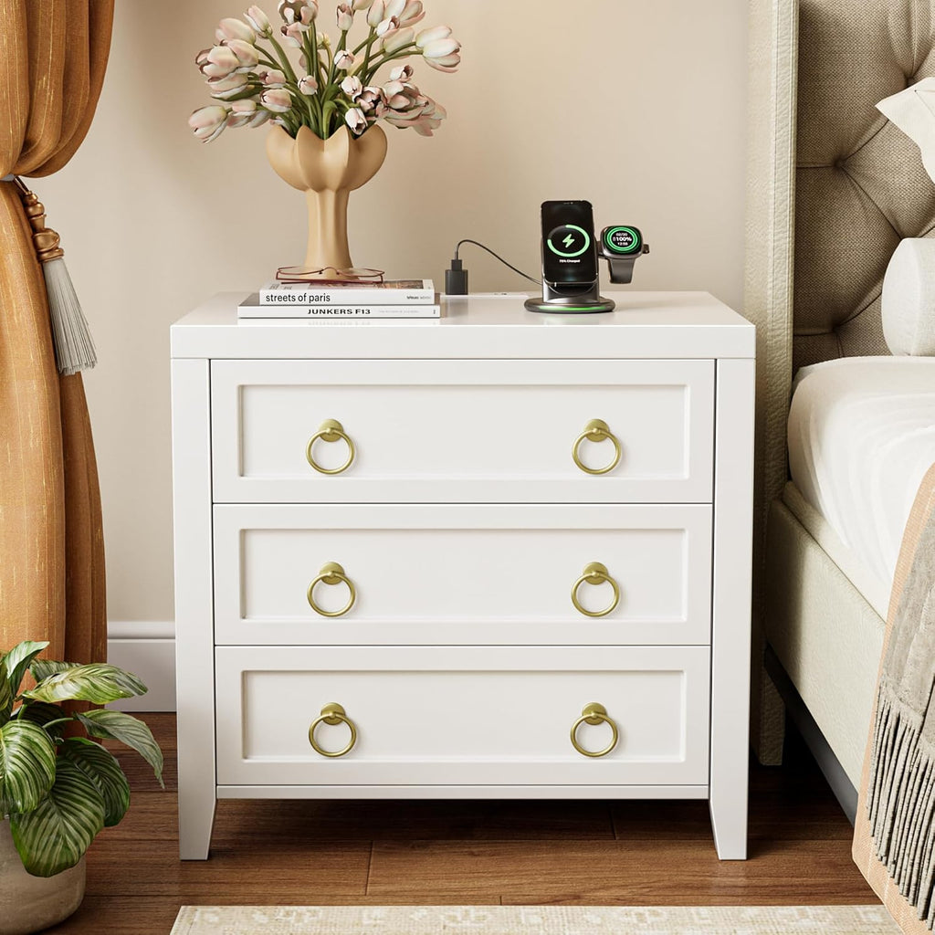 Paint Night Stand with Charger Station and USB-C Port, 3 Drawer Nightstands Set of 2, Larger Wider Bedside Table