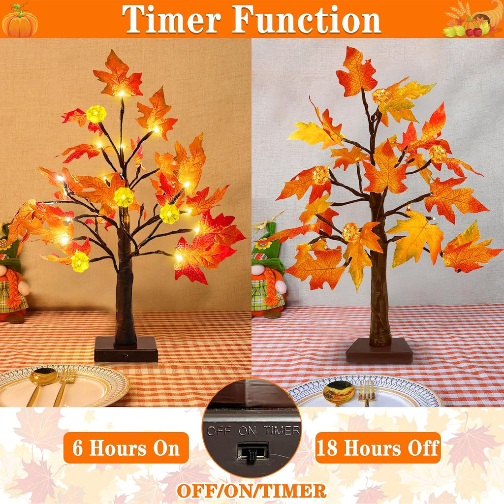 Fall Decor 2 Pack 18 Inch Prelit Fall Maple Tree 48 LEDs Timer - Set of 2
