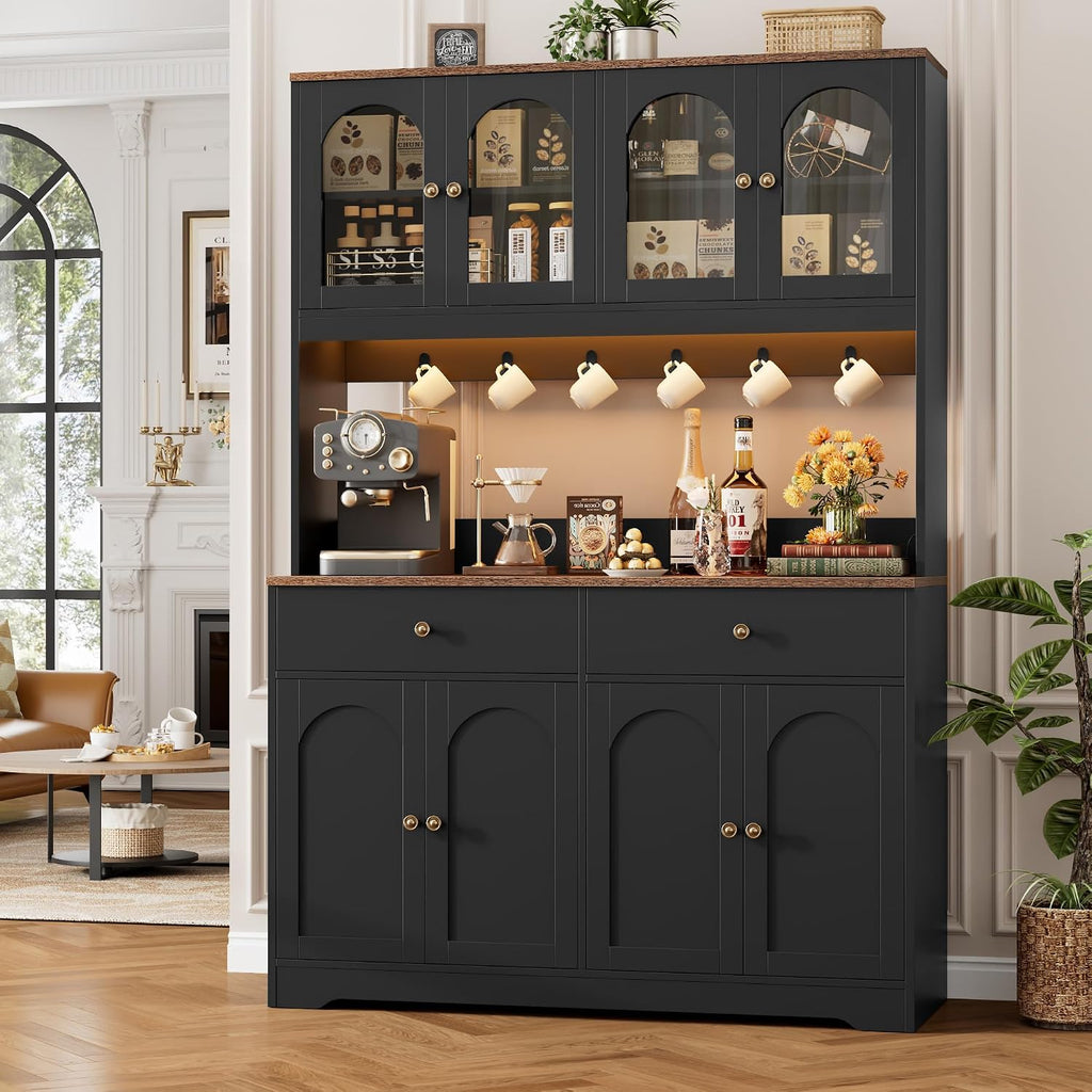 71" LED Kitchen Pantry Cabinet with Power Outlet, Tall Hutch, Black | Coffee bar Hutch Cabinet with 2 Storage