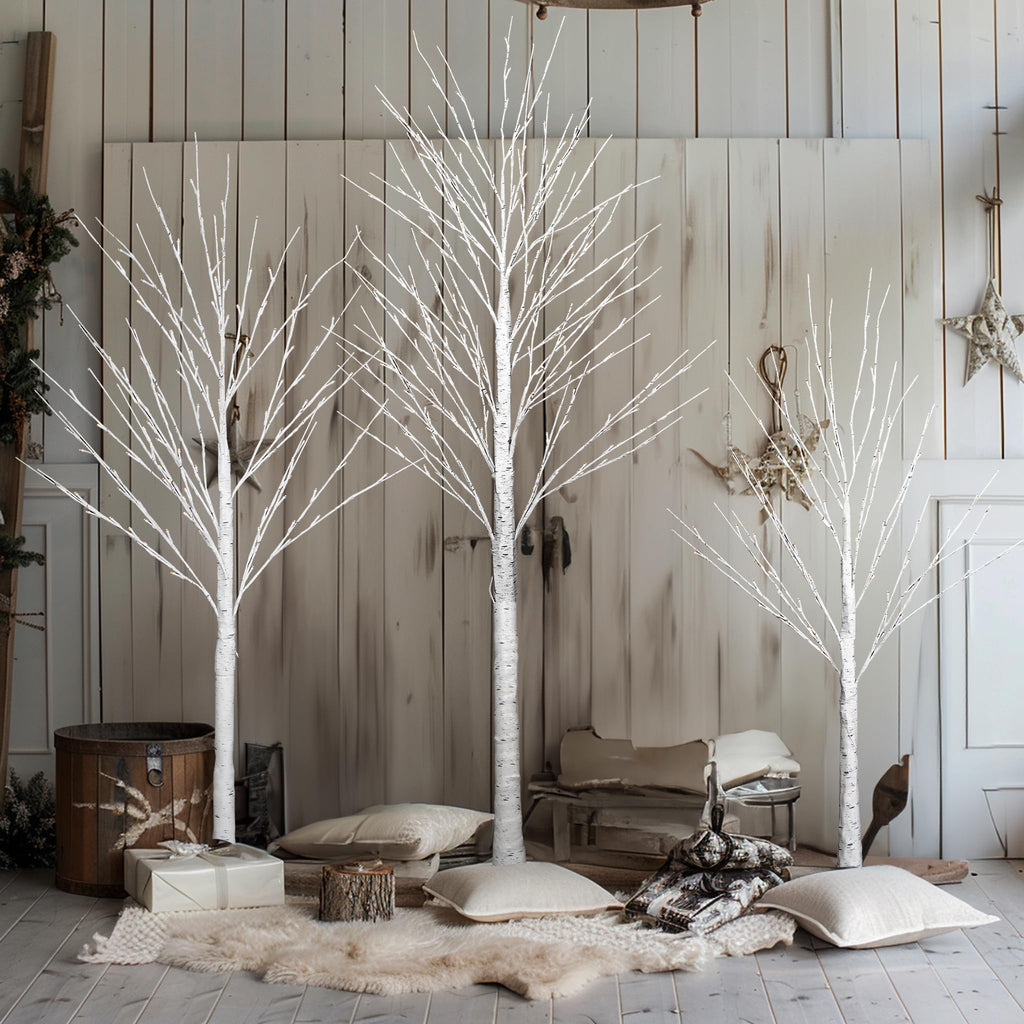 3 Pack Light up Birch Tree, 4FT 96 LED/ 5FT 120 LED/ 8FT 240 LEDs Pre lit Birch Christmas Tree for Xmas Indoor