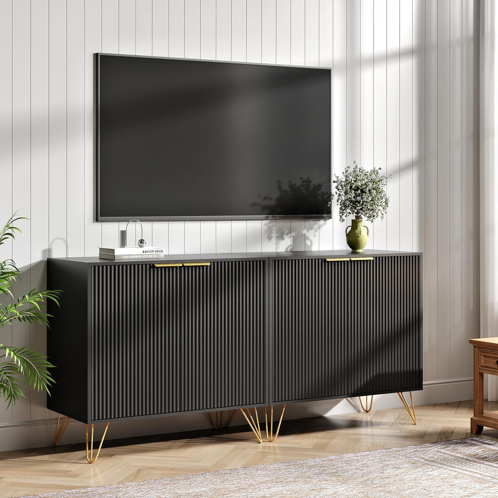 Fluted TV Stand for 63 Inch TV with 2 Storage Cabinets, Black丨Modern TV Stand, Entertainment Center with Adjustable