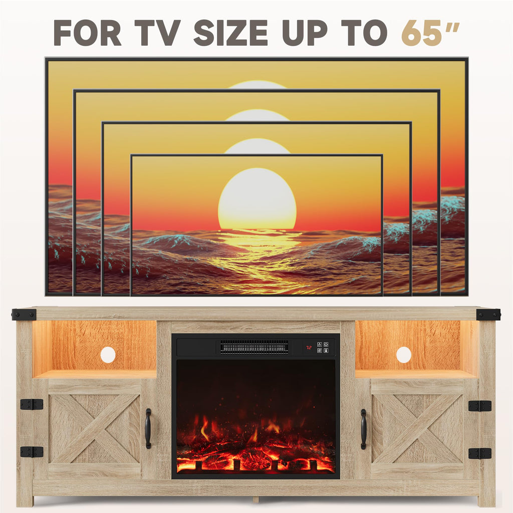 LED Entertainment Center with Fireplace, Light Oak