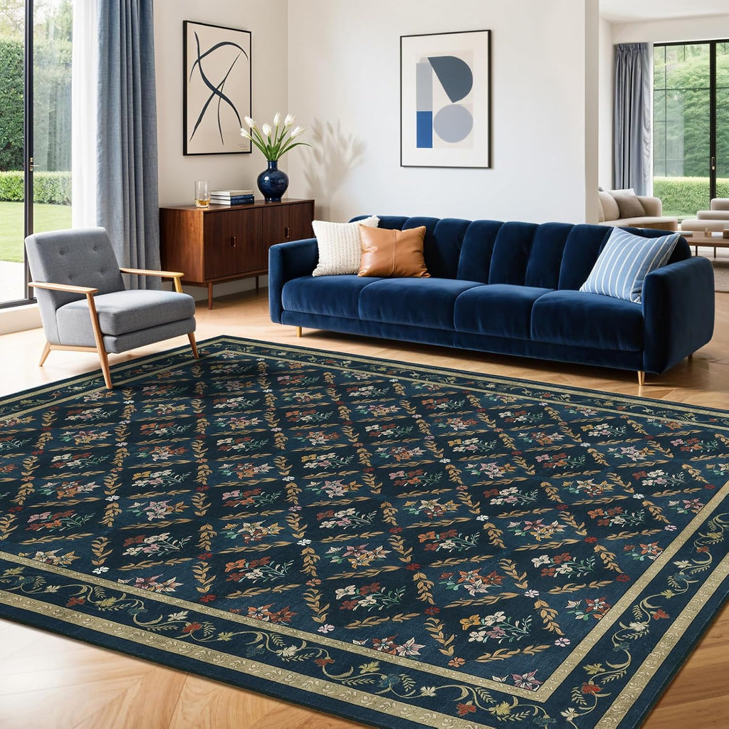 Blue Floral Rugs 5x7 Area Rugs, Non Slip Stain Resistance Washable Vintage Large Area Rug, Low Pile Checkered