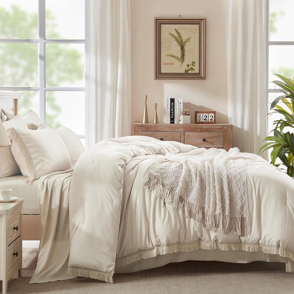 Queen Comforter Set Beige -7 Pieces Bed in a Bag Queen Boho Soft Lightweight Bedding Sets