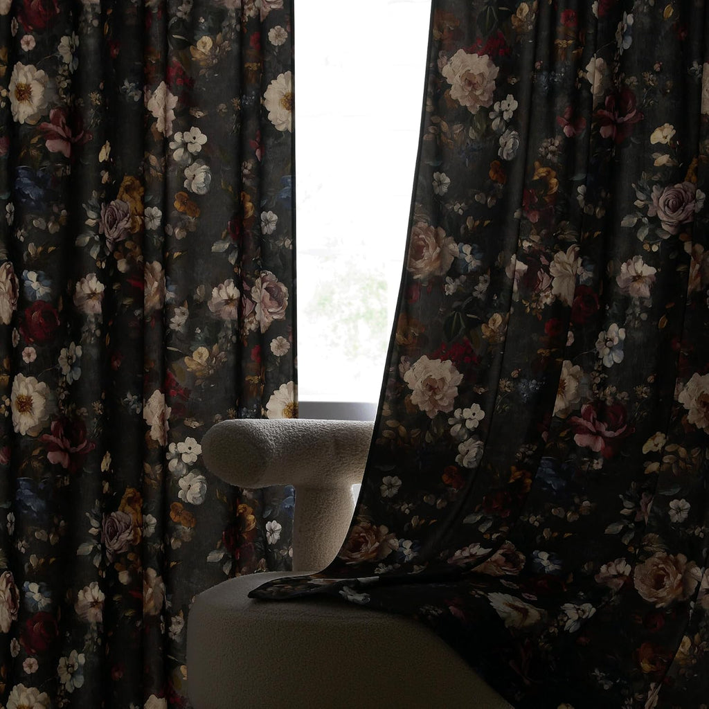 Floral Velvet Curtains 96 inches Long, Retro Blossom Printed Drapes with Energy Saving Luxury Decorative Floor to