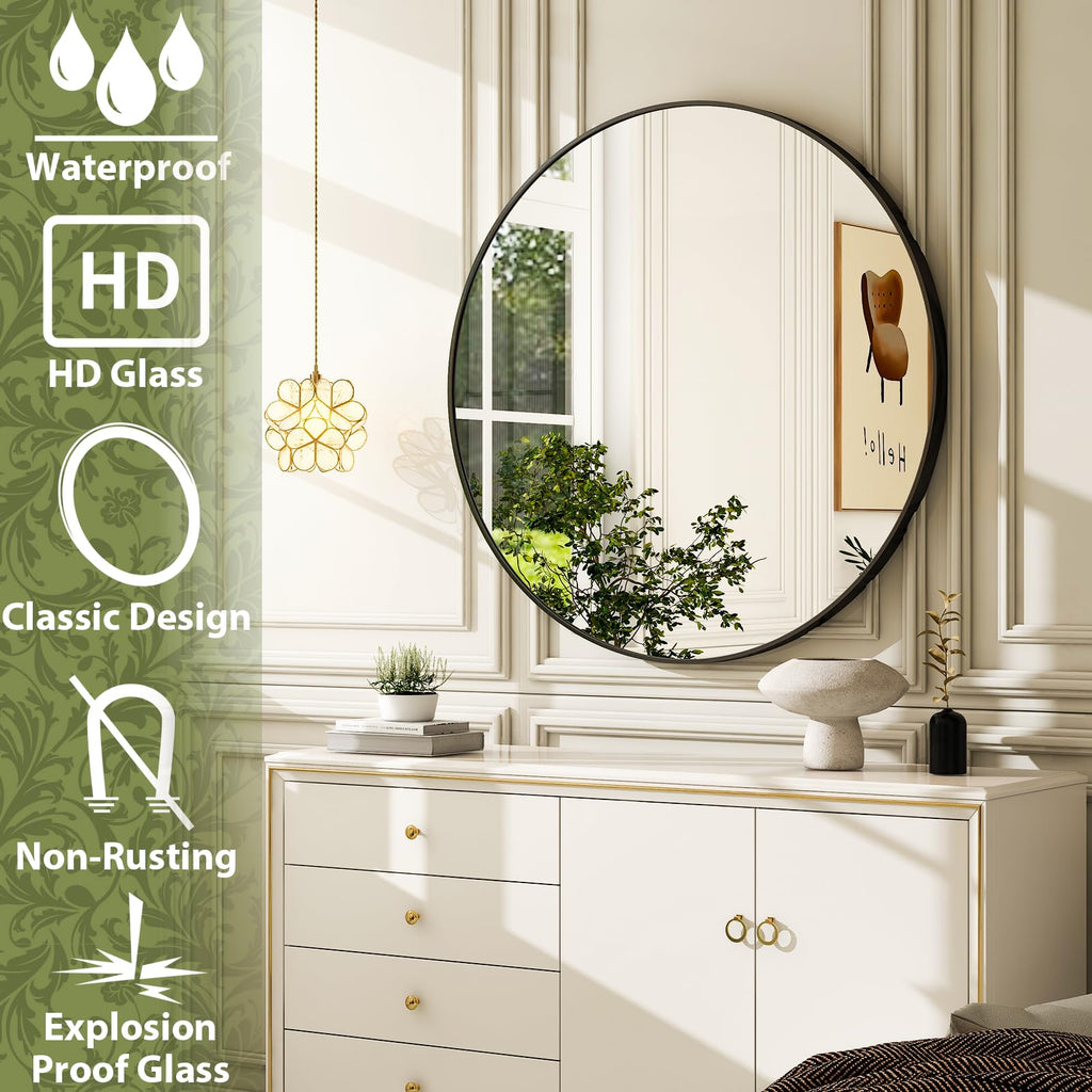 36 Inch Round Bathroom Mirror - Black Wall Mounted Circle Mirror with Metal Frame, Modern Round Hanging Mirror