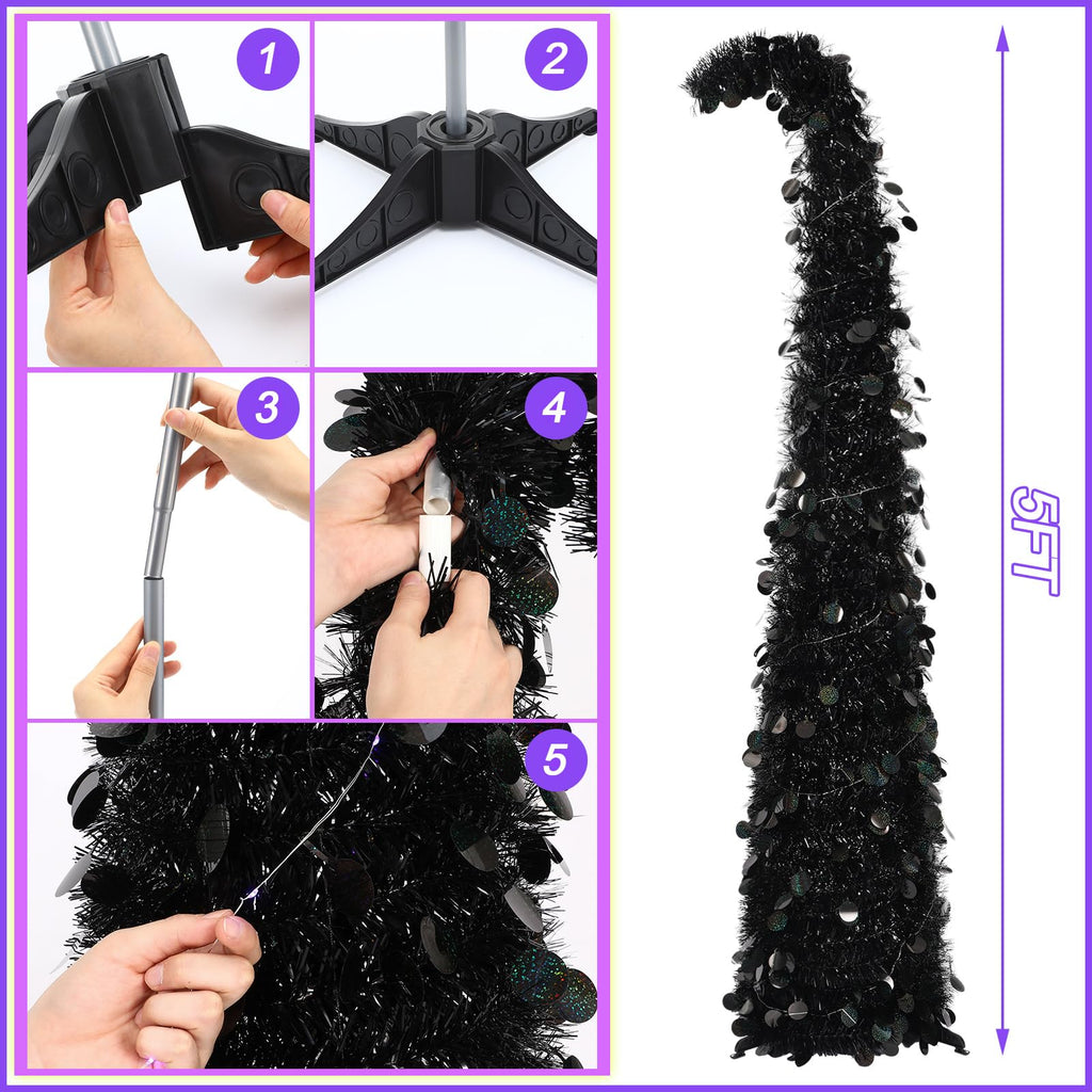 5 ft Curved Christmas Pop up Christmas Tree with Lights Tinsel