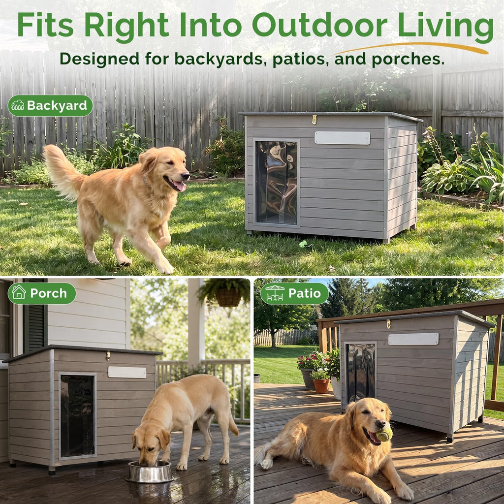 Large Dog House, 43.7-Inch Wooden Outdoor Shelter, Metal Frame