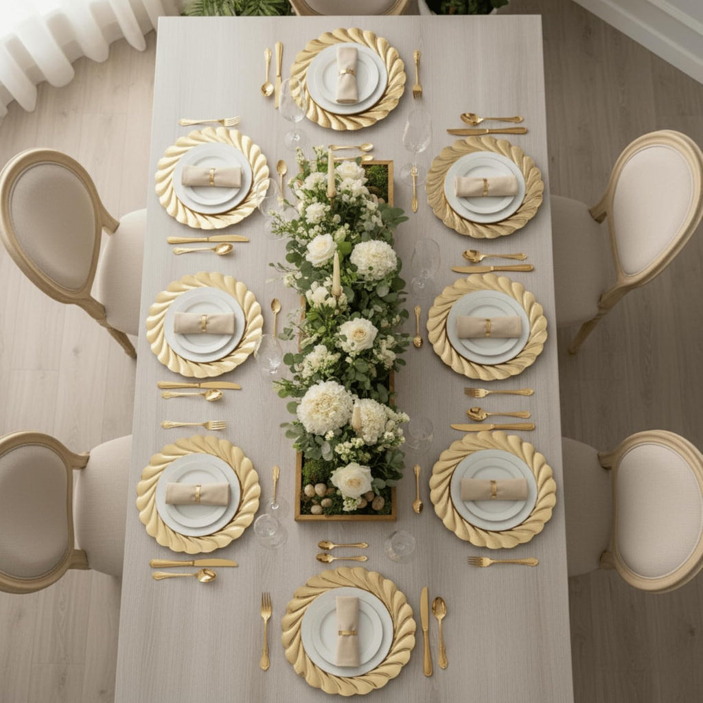 Gold Charger Plates, Swirl Wave Plate Chargers for Dinner Plate, Round Plastic Table Chargers - Set of 12