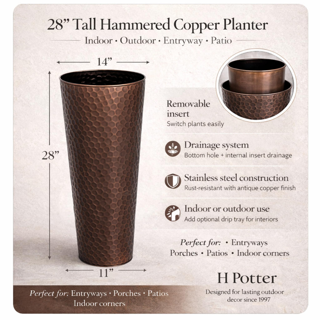 28 Inch Round Column Planter, Hammered Antique Copper Finish