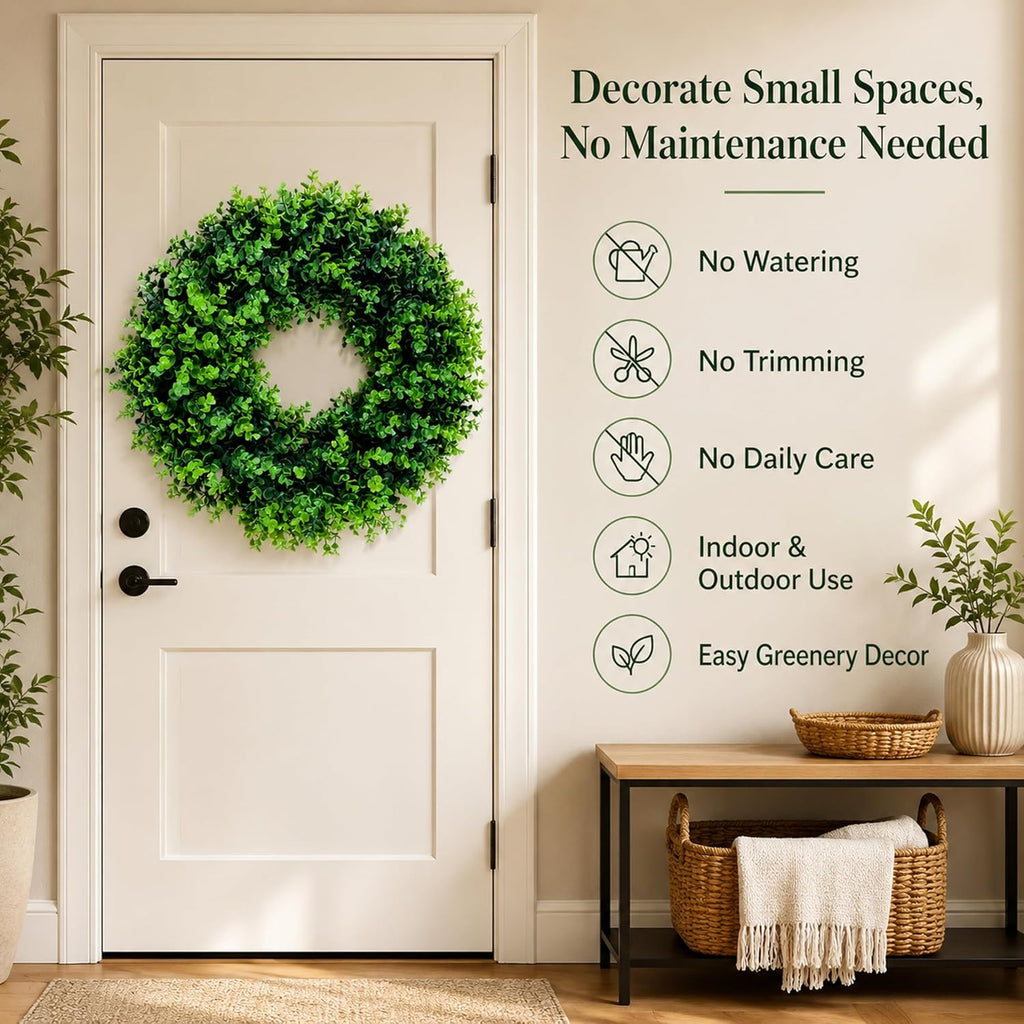 24 Inch Boxwood Wreath for Front Door, Artificial Greenery Wreath, Large Faux Boxwood Door Wreath, Waterproof UV