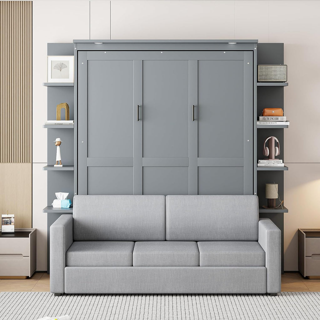 Queen Murphy with Sofa and Shelves for Bedroom or Guestroom Wall Bed Space Saving Hidden Bed,No Need Fix to The