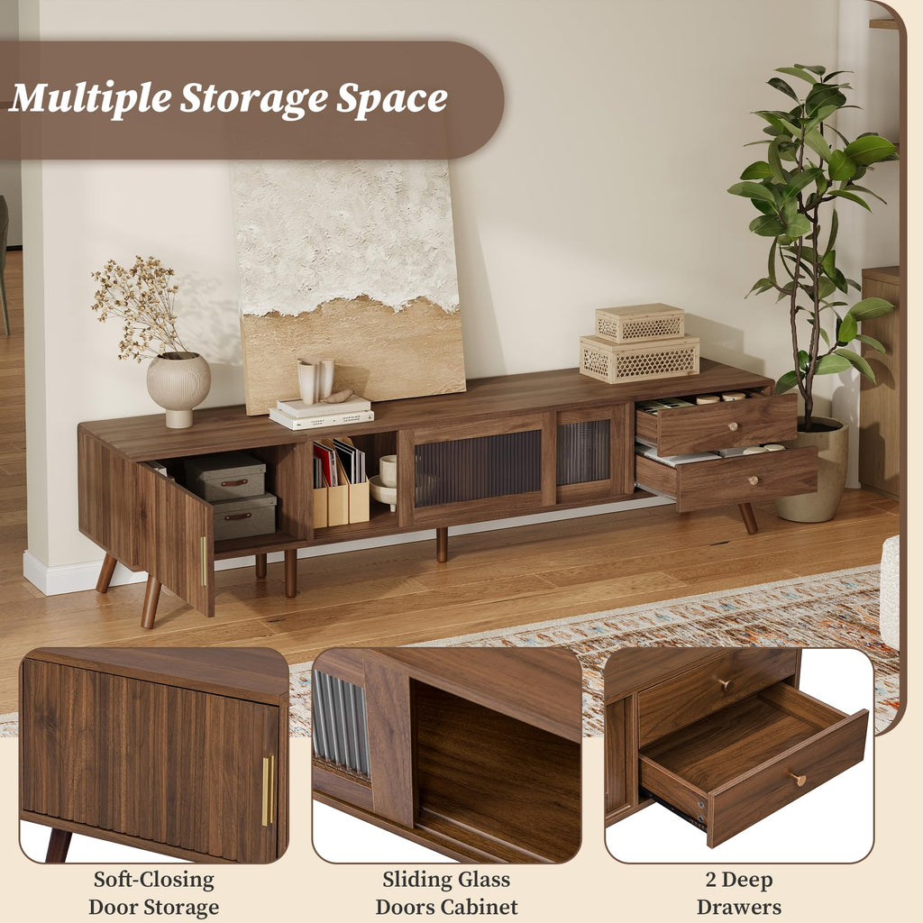 Mid-Century Modern TV Stand for 85 inches TV, 76" Media Console with Fluted Cabinet Door, Sliding Glass Doors, and 2
