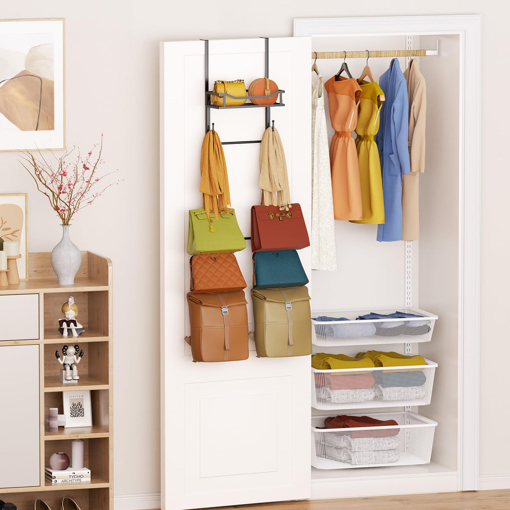 Over The Door Purse Organizer - Wall Mounted Purse Rack with 10 Hooks and Metal Basket, Handbag Hanger Organizer