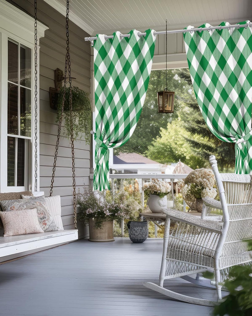 Outdoor Curtains Waterproof, Pastoral Style Deep Green Lattice Grommet Weatherproof Privacy Outsides Curtains for