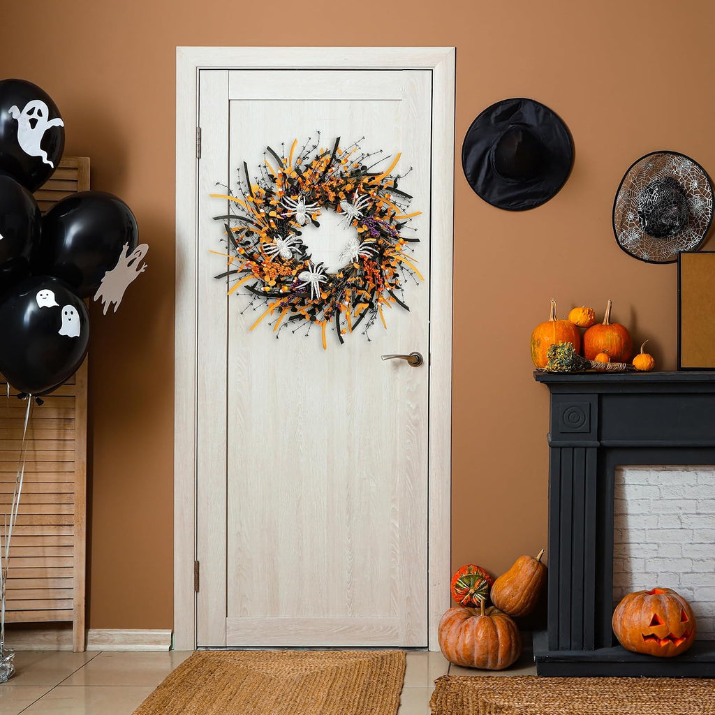 Halloween Wreath 23inch Artificial Spider Wreath with Handmade Black Orange Leaves Orange Purple Berries Teeth Front