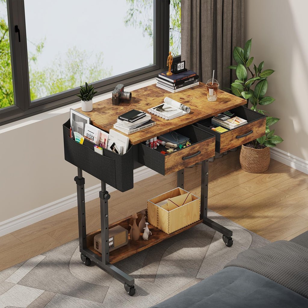 Small Portable Standing Rolling Desk - 32 Inch Adjustable Mobile Stand Up Teacher Desks with 2 Fabric Drawers on