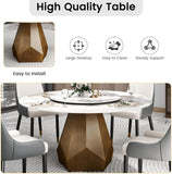59" Modern Artificial Marble Round Dining Table with Antique Brass Metal Base & 31.5" White Sintered Stone Turntable