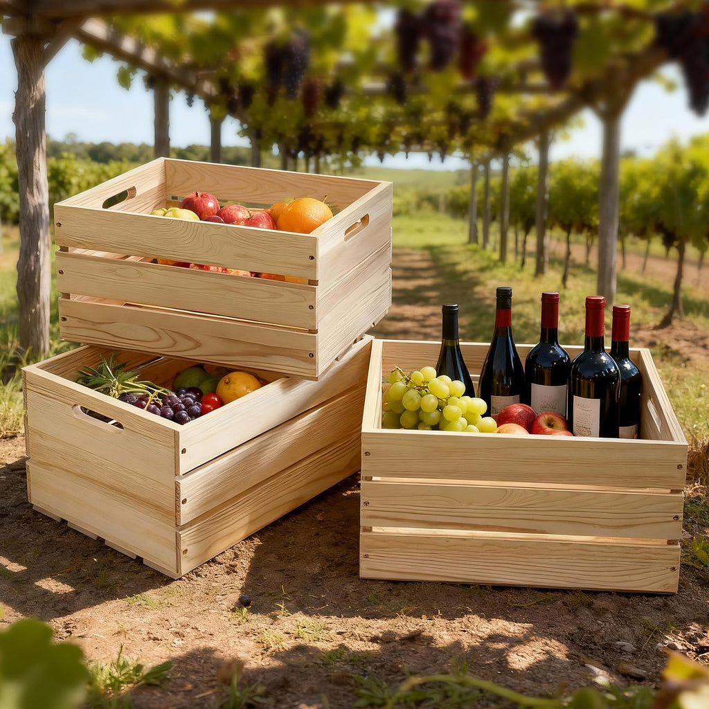 Large Wooden Crates with Handles, Natural Solid Pine Wood Crates for Storage, Decor, Wooden Milk Crate for Farmhouse