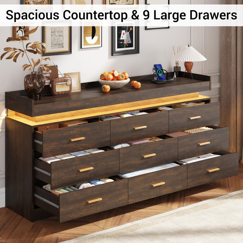 Farmhouse 9 Drawer Dresser with LED Light and Charging Station, Brown