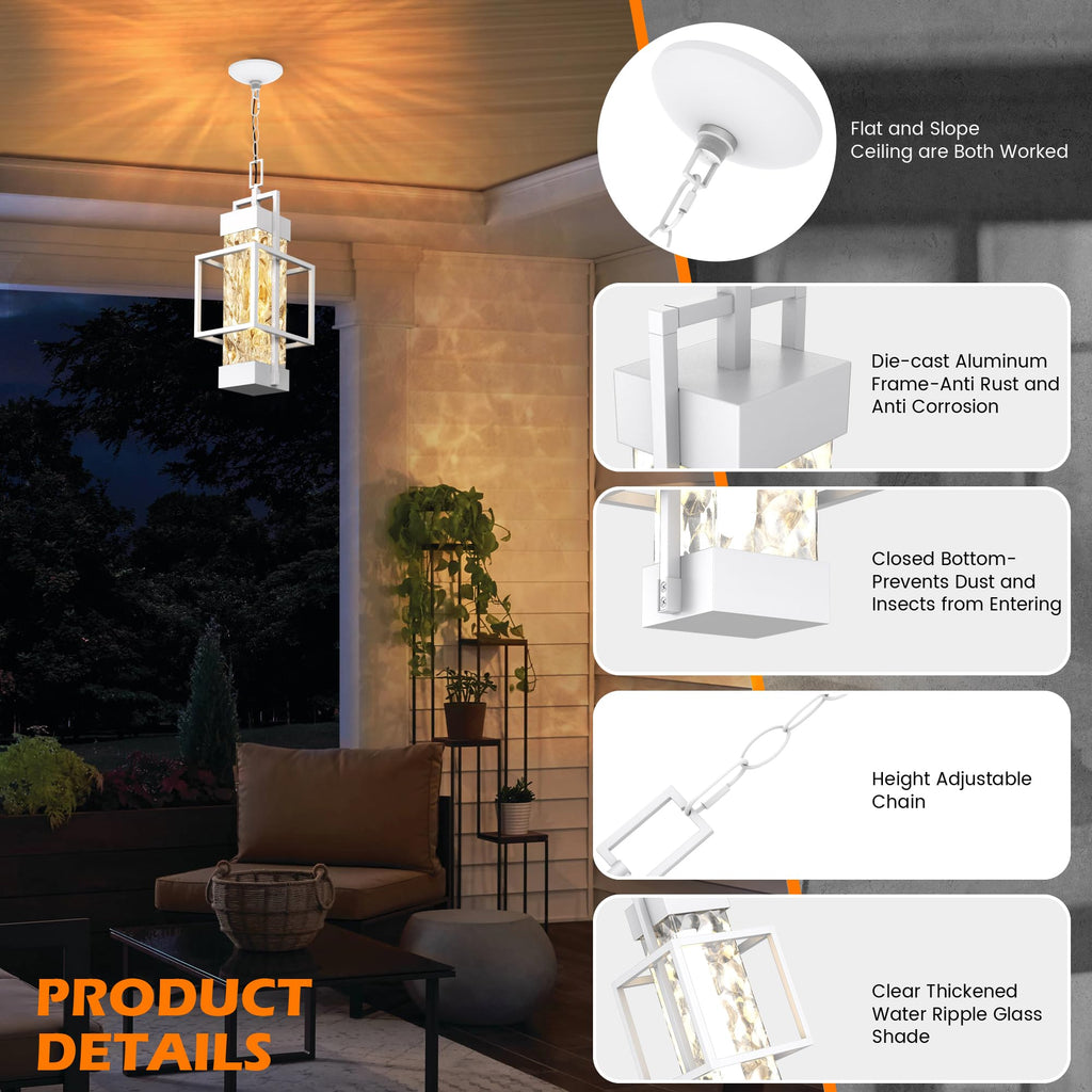 15'' White Outdoor Indoor Pendant Celing Light Fixture, Modern Exterior Hanging Chandelier Porch Lights, Aluminum