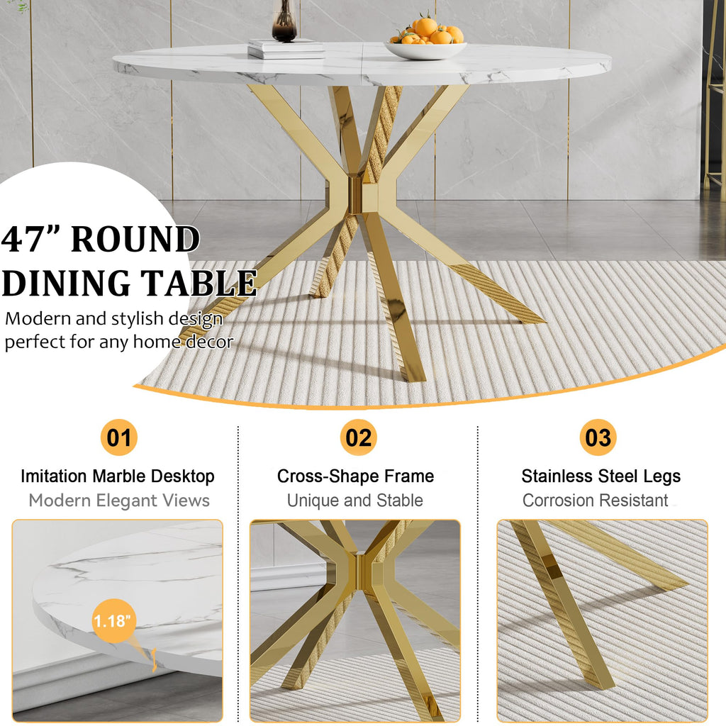 47.2" Round Dining Table Set for 6, White Faux Marble Kitchen Table & 6 Beige Velvet Chairs with Gold Stainless Steel