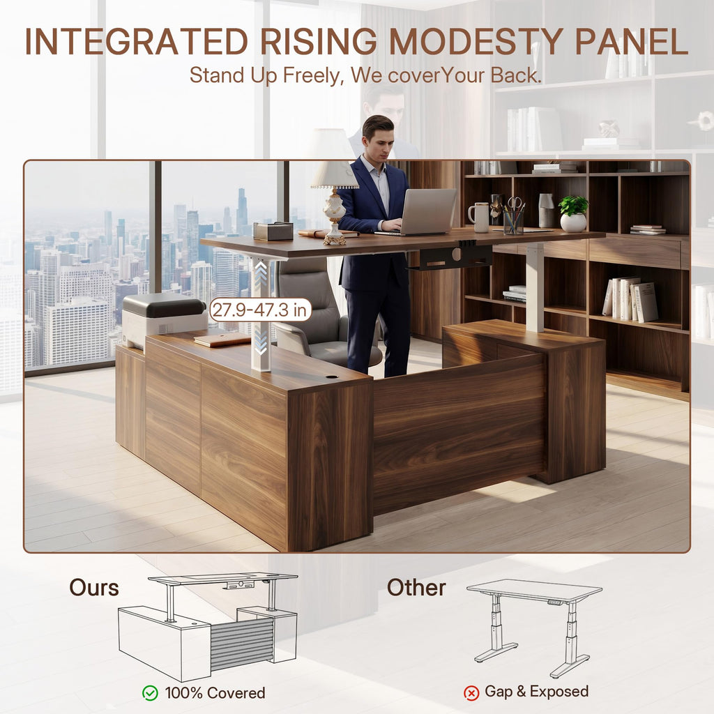 71" L Shaped Executive Desk with File Cabinet Drawers Outlet USB, Height Adjustable Office Desk Blister Board Privacy