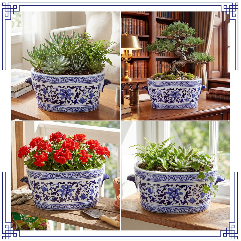 Blue and White Chinoiserie Ceramic Planter, Elegant