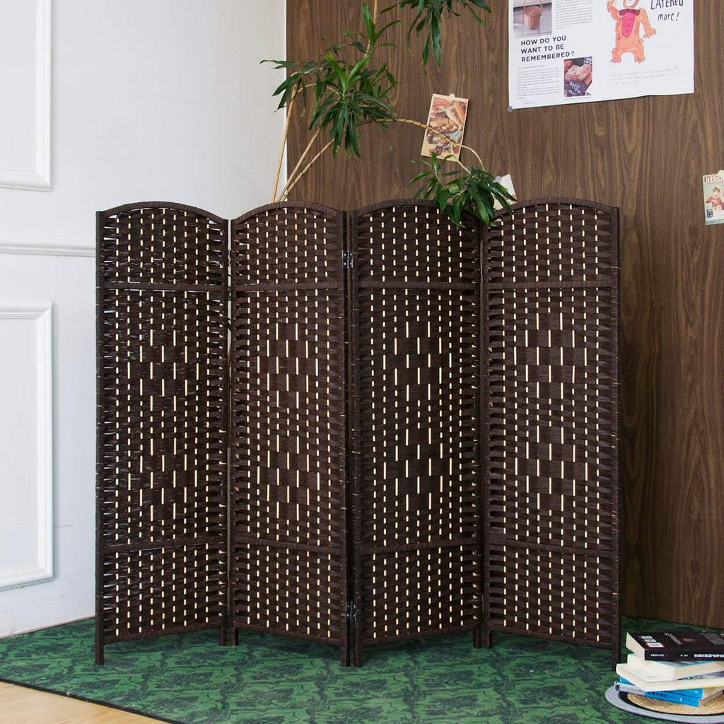 4 Panel Dark Brown Rattan Room Divider, 47.2" Low Height Double-Sided Folding Privacy Screen, Freestanding Partition