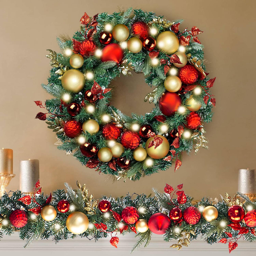 Pre-Lit with Lights 50 LED Red Gold Baubles