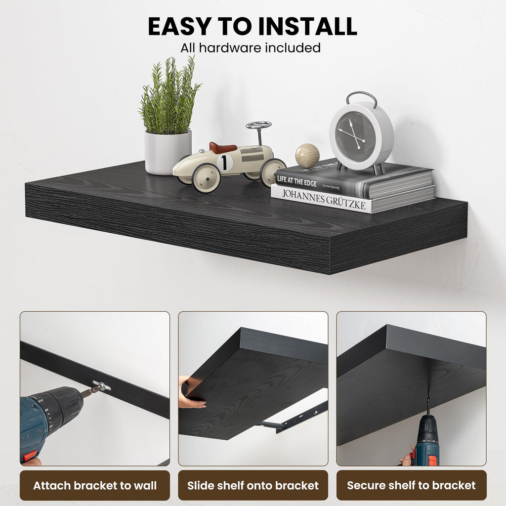 48" Floating Shelves for Wall, 12" Deep Thicker Black Floating Shelves, Wall-Mounted Shelves - Set of 2