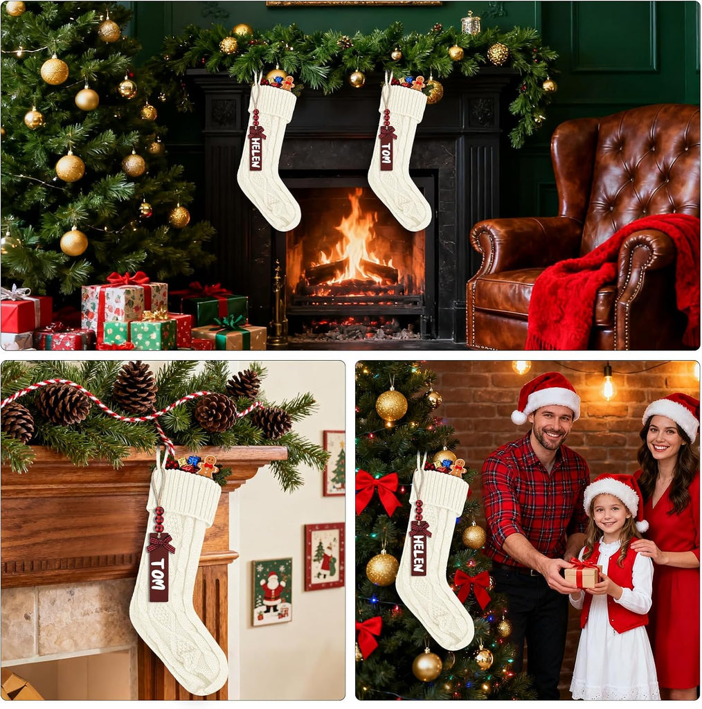 Inch Large Cable Knitted Xmas Hanging Stockings with DIY Wooden Name Tags for Family Holiday Decor (White) - Set of 2