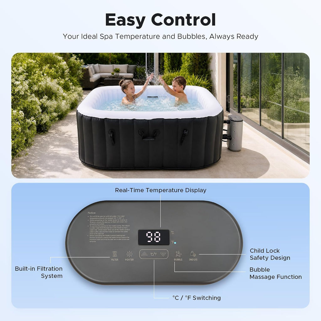 6ft Inflatable Hot Tub, 4-Person Outdoor Spa with 94 Air Jets & Heater | Square 40 °C Powerful Heating & Soothing