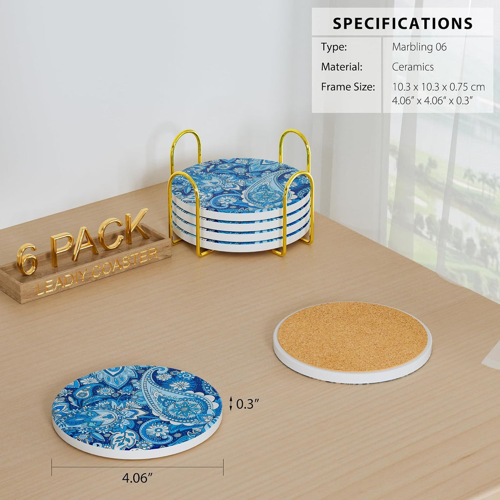 /Set Marble Abstract Ceramic Coasters with Holder, Absorbent Drink Coasters, Coffee Cup Coaster,Round Ceramic - Set of 6