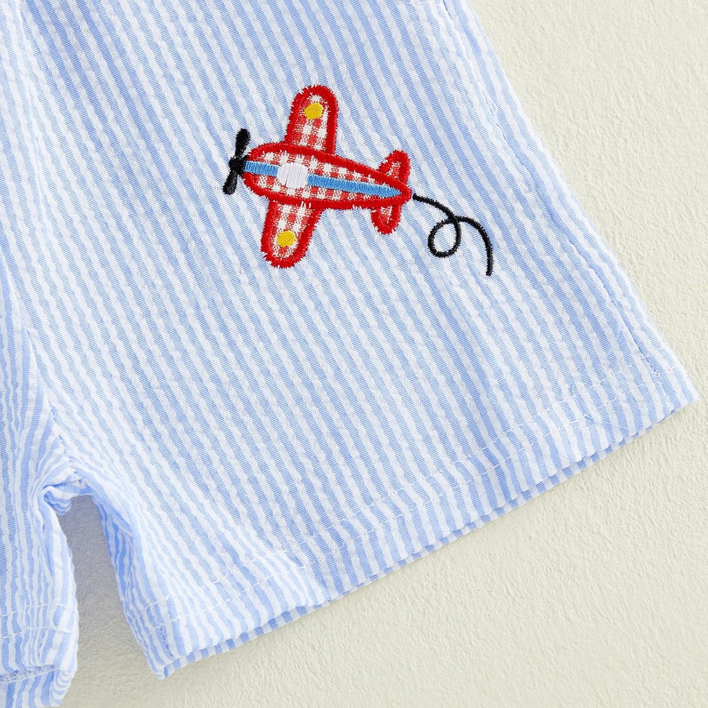 Toddler Boy Summer Outfits Baby Boy Airplane Short Sleeves T-Shirt Plaid Shorts Set Infant Boy Clothes Set