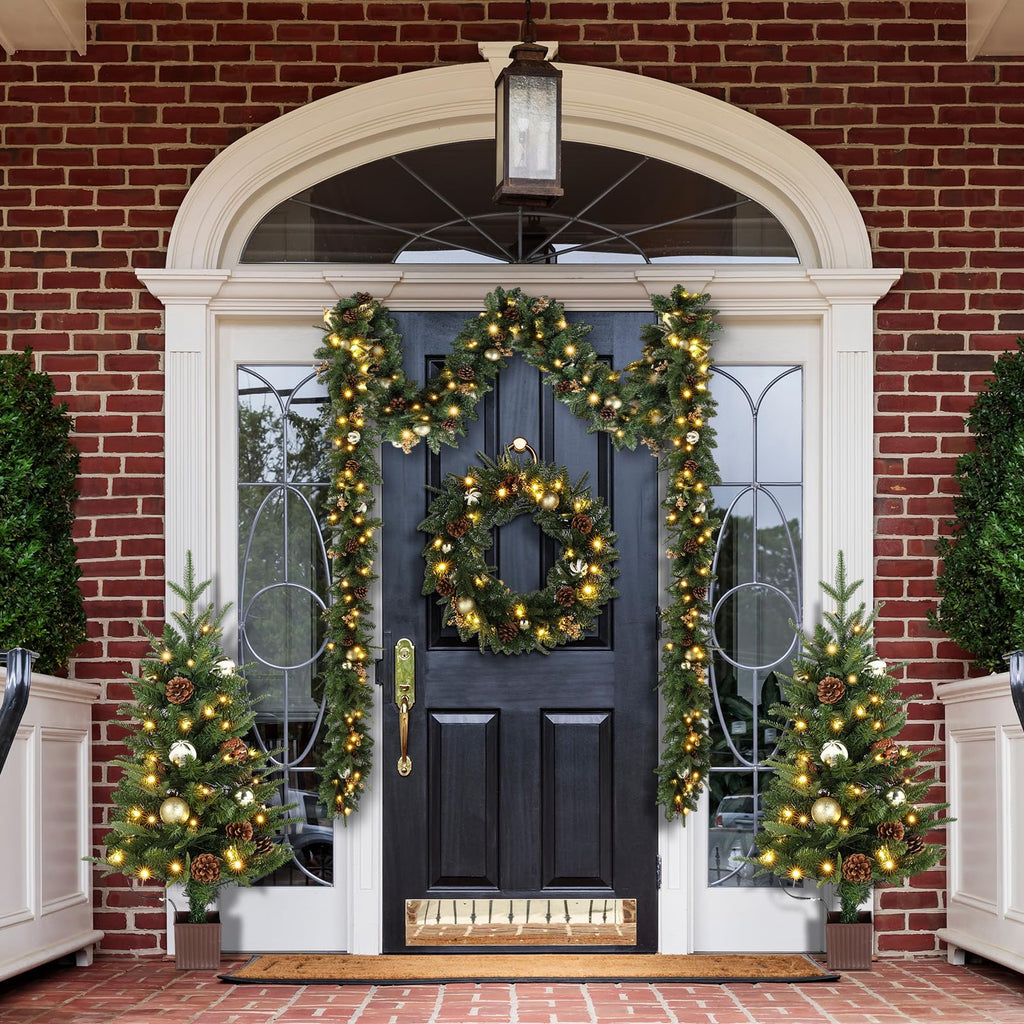 Pre-lit 5-Piece Set Christmas Tree with LED Lights, Christmas Garlands, Wreath and Set of 2 Entrance Trees Artificial