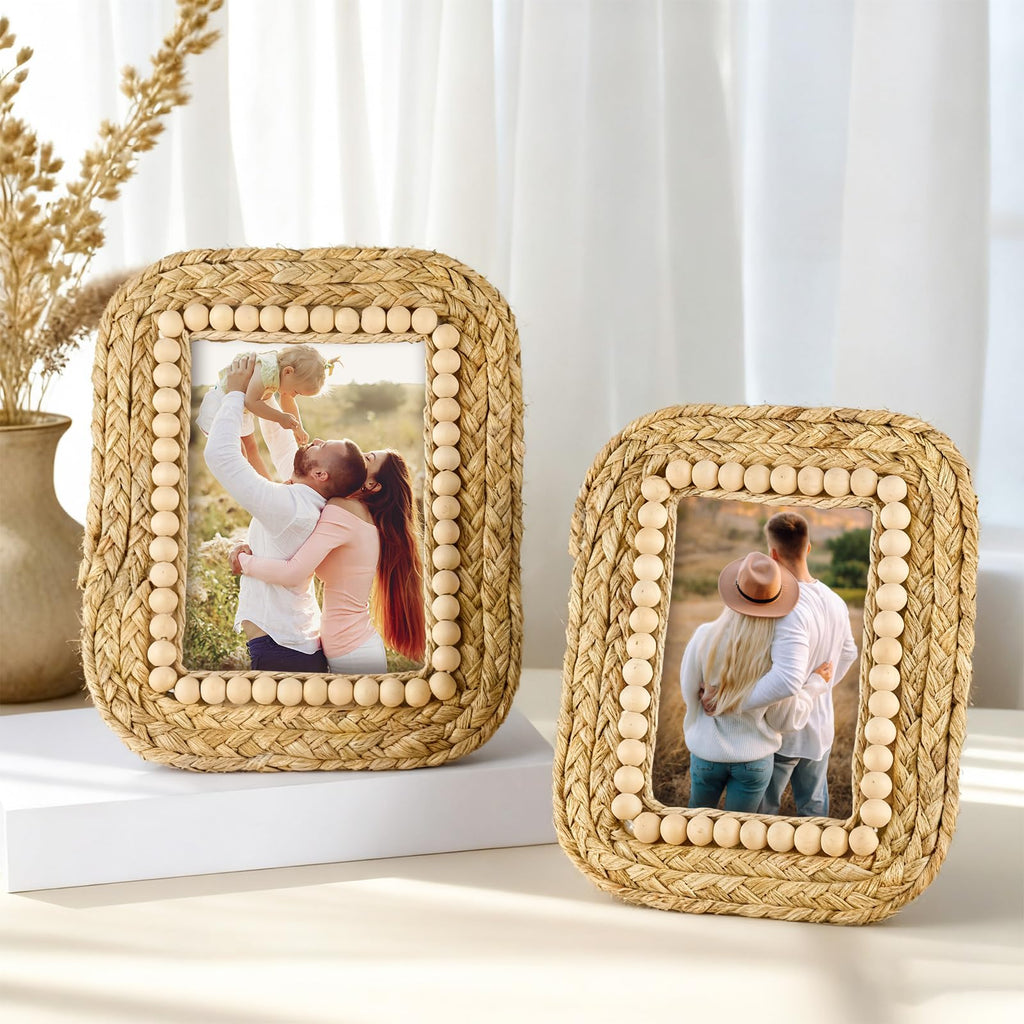 2 Pcs Wicker Weave Picture Frames Boho 5 x 7, 4 x 6 Inch