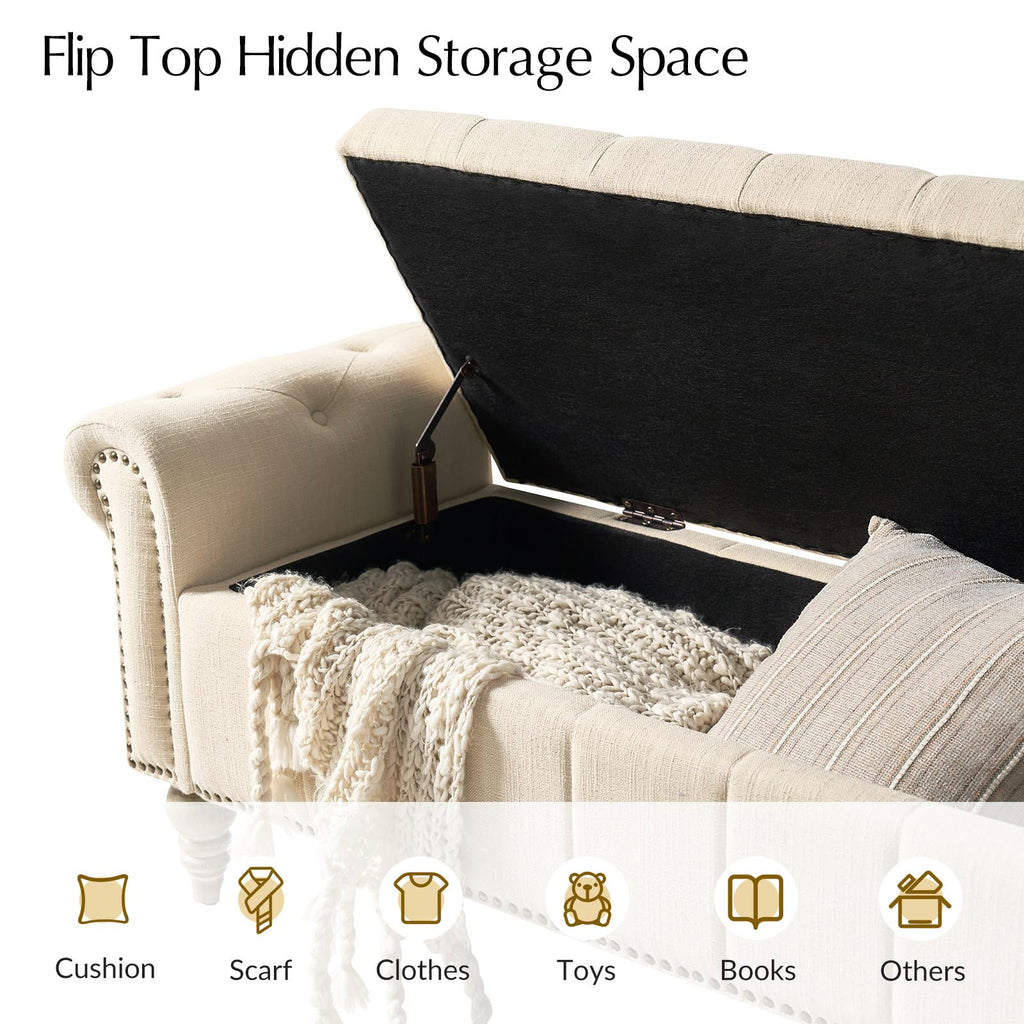 58.5" Long Storage Bench with Rolled Arms & Button Tufted Seat, Upholstered End of Bed Bedroom Benches with Nailhead