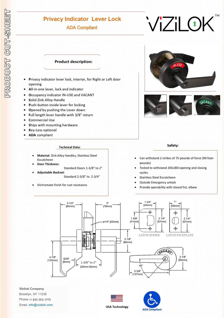 ADA Compliant, Single Egress Indicator Privacy Lock C5FA-R Durable ANSI Grade 2 Comp Commercial Right Handed Non