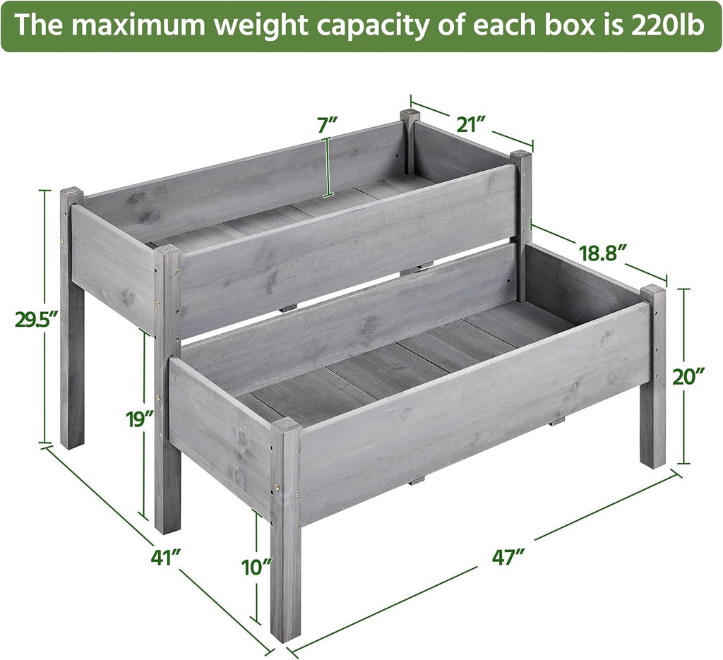 Raised Garden Bed Wood Tiered Planter Outdoor with Legs,Gray | 47 x 41 x 30 in Elevated Grow Box with 2 Levels and